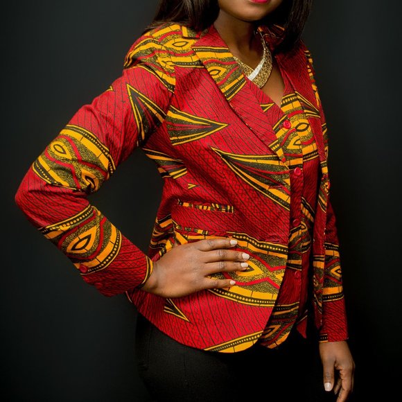 NWT Geometric African Print Blazer - B5302 Red/Black/Yellow Pea Pods - Picture 2 of 3